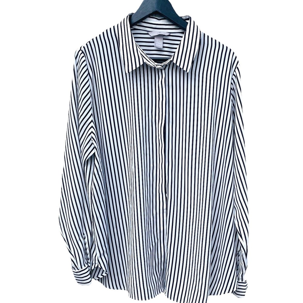 H&M Ivory Black Striped Long Sleeve Button-down Shirt XL Career Work Silky